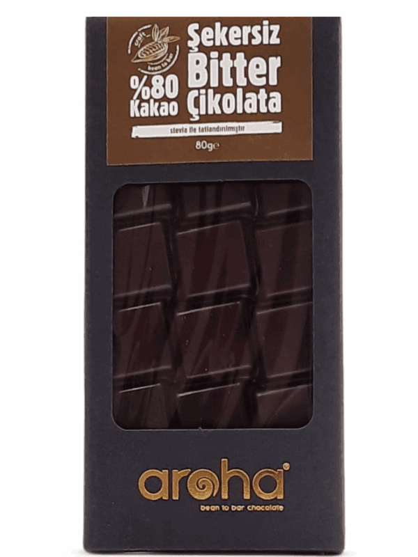Aroha %80 Kakao Şekersiz Bitter Çikolata - Stevia ile Tatlandırılmıştır 80 g