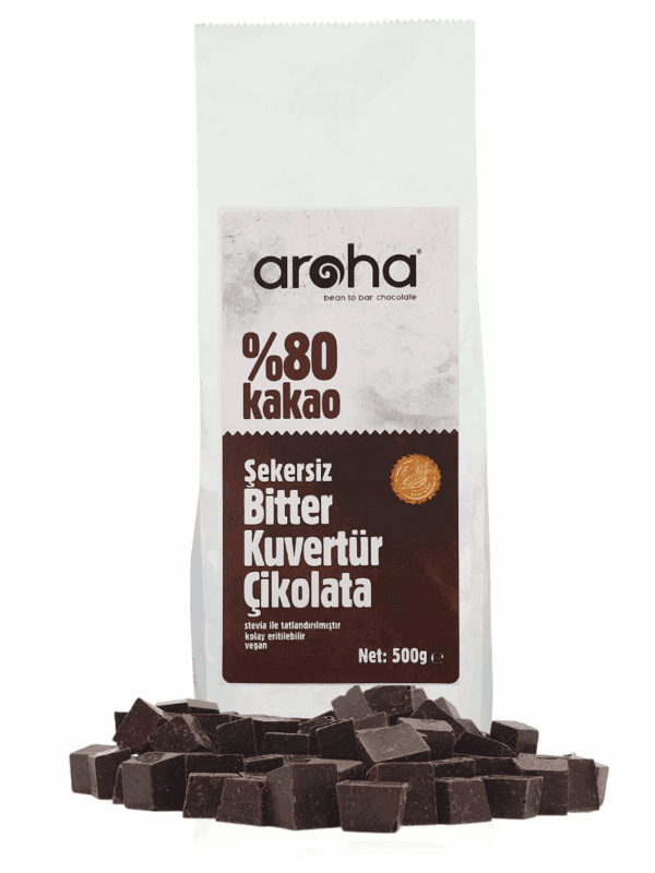 Aroha %80 Kakao Şekersiz Bitter Kuvertür Çikolata - Stevia ile tatlandırılmıştır 500 g