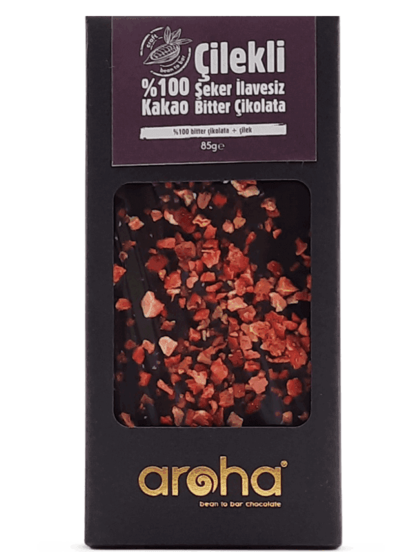 Aroha %100 Kakao Çilekli Şeker İlavesiz Bitter Çikolata 85 g