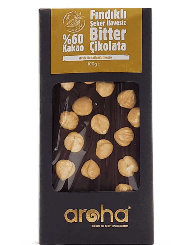 Aroha %60 Kakao Fındıklı Şeker İlavesiz Bitter Çikolata - Stevia ile Tatlandırılmıştır 110 g